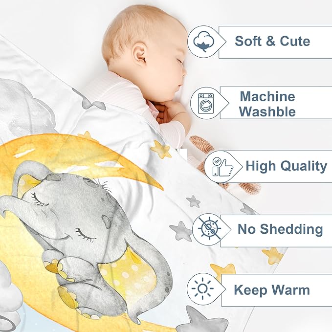 J&SBGFT Personalized Baby Blanket for Boys,Custom Baby Blanket with Name, Customized Name Blanket Receiving Blankets for Toddlers Kids Nursery Stroller Crib Decor Throw,Gray Elephant