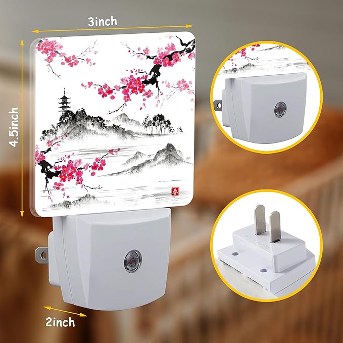 Cherry Blossom Lake and Hills Night Light Plug Wall,Japanese Sumi-e Painting LED Night Lights with Dusk to Dawn Light Sensor for Women Girls Boys Room Decor,Hallway,Kitchen,Bathroom,Nursery,Stairs