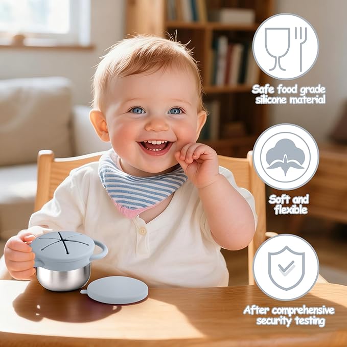 2-Pack Stainless Steel Snack Containers for Kids with Spill-Proof Silicone Lids & Handles - 3-in-1 Baby Snack Cups, No-Spill Toddler Snack Box, Perfect for On-the-Go Healthy Eating（Grey+Grey Purple）