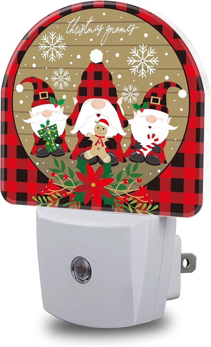 Red and Black Buffalo Plaid Night Lights Plug into Wall Christmas Gnomes Night Light Dusk to Dawn Smart Sensor Decorative Round Led Lamp for Bedroom Kitchen Hallway Nightlight for Women Men