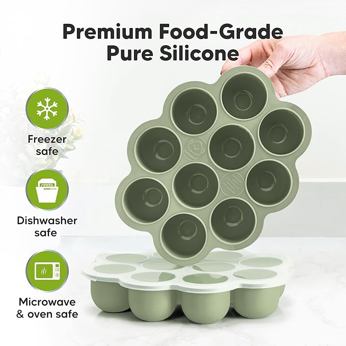 KeaBabies Silicone Food Freezer Trays with Lid, 2oz x 10 Pods Baby Food Storage Containers, Easy Puree Meal Prep, Breast Milk Silicone Freezer Molds, Dishwasher, Microwave Safe, BPA-Free (Sage)
