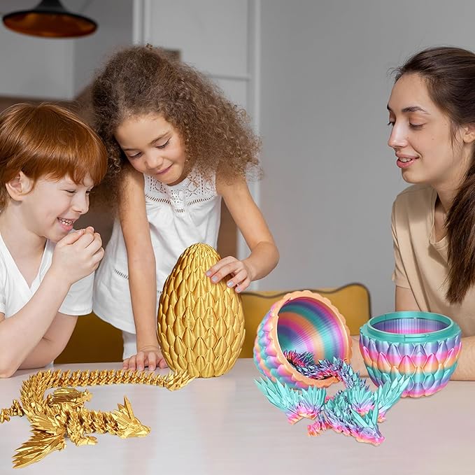 3D Printed Dragon Eggs with Articulated Fly Dragon Inside, Collectible Figurines Fidget Toy for Adults Kids Birthday Easter Christmas White Elephant Gifts for Friends Colleagues(Rainbow, L size)