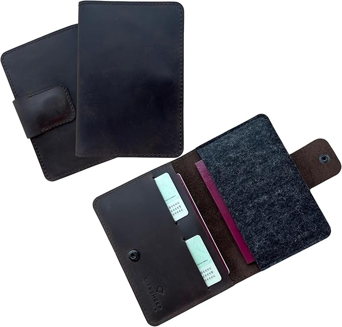 Passport Holder Compatible with AirTag Family Passport Holder Wallet for 2, 3, 4 Made from Premium Full Grain Leather and Wool Felt Brown Color. CITYSHEEP