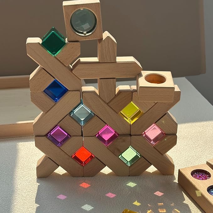 22PCS Wooden Cross Shape Blocks with Colorful Acrylic, Sparkling Square Monochrome Kaleidoscope Gem Educational Construction Toy for Toddlers (22PCS Fence Mixed)