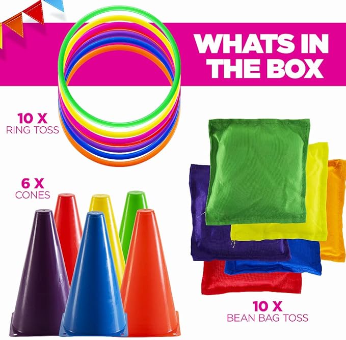 Prextex Multicolored 3-in-1 Yard Game Set - Ring Toss Game, Bean Bags, Cones - Outdoor Toys for Toddlers & Kids, Children's Indoor Play, Family Fun Carnival Games, Kids Party Cornhole Set, Lawn Games