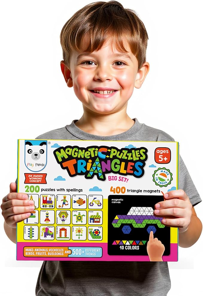 Magnetic Tangram Puzzles Toys for Kids | 400 Magnet Triangles Shapes with 200 Patterns Booklet, Board & Display stand | STEM Educational and learning Games for Ages 4 5 6+ Years|Gifts for Girls & Boys