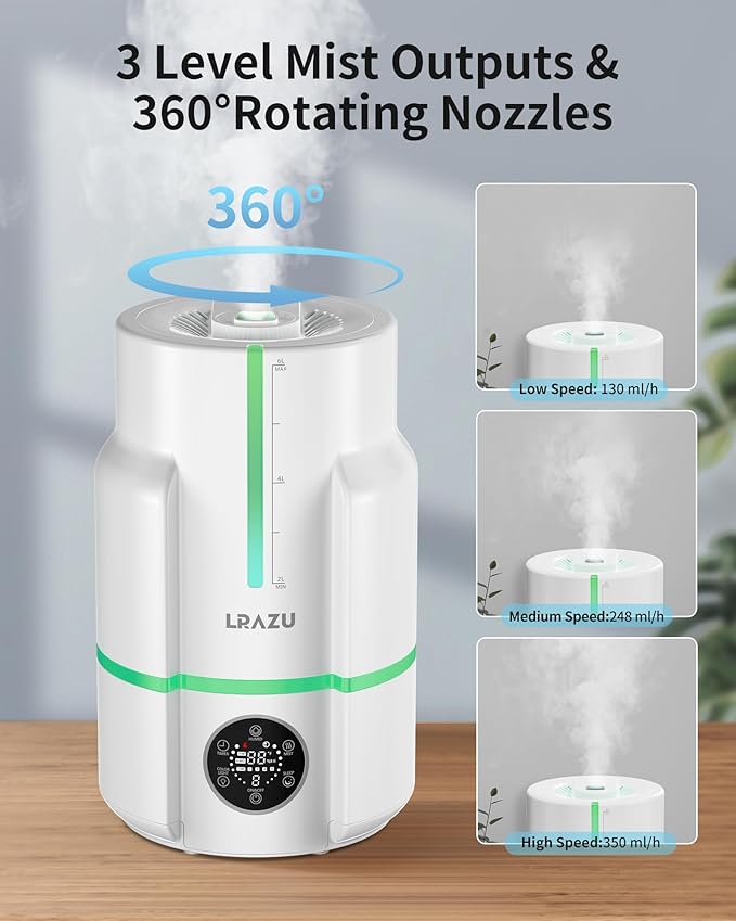 6L Humidifiers for Bedroom, 60H Runtime 26 dB Quiet Supersized Cool Mist Air Humidifiers for Large Room, Baby Nursery, Plant, Indoor, Night Light, Easy to Clean, Precise Humidity Control