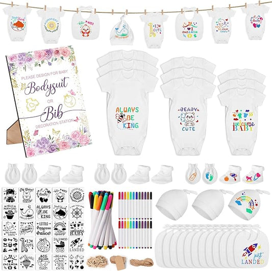 162Pcs Baby Shower Game Decorations Kit with Bibs, Fabric Markers, Wooden Sign, Bodysuits & Tags