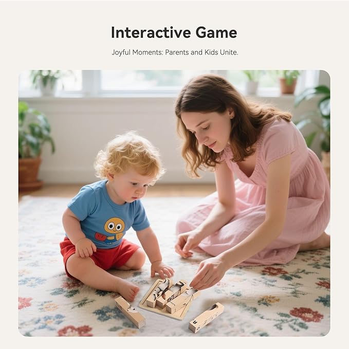 4 in 1 Wooden Animal Chunky Puzzle, 5 Solid Wood Puzzle Blocks with 4 Sides Realistic Forest Animals, Wooden Block Puzzle with Durable Base for Toddlers 3+ Years - Montessori Inspired