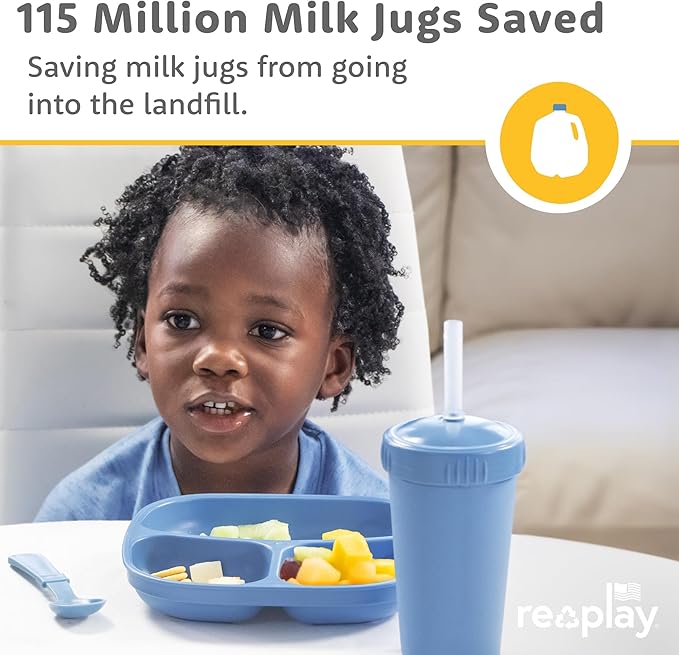 Re-Play Toddler Plates with Dividers - Deep-Walled 3 Compartments Divided Plates for Kids - Dishwasher & Microwave Safe - Made in USA - Set of 3-7.37" x 7.37" x 1.25" - Tulip