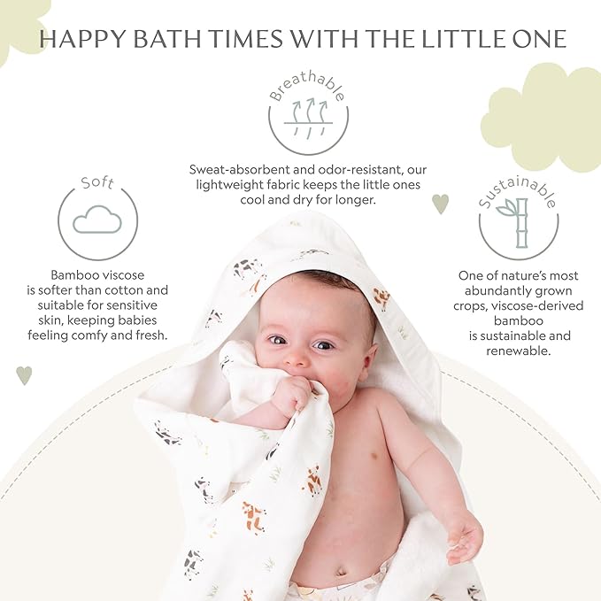 Bamboo Viscose Baby Hooded Towel & Washcloth Set for Babies and Toddlers, Soft & Absorbent, 70% Viscose from Bamboo, 30% Cotton Muslin - Imported (Cow)