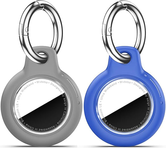 Upgrade Waterproof 2 Pack Airtags Holder with Apple Airtags Keychain, Hard PC Air Tag Case, Anti-Scratch & Shock Air tag Holder, Men's Women's Keyrings & Keychains-Blue+Grey