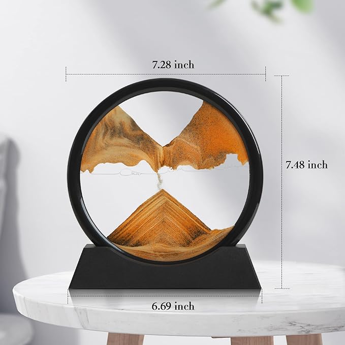 Moving Sand Art Liquid Motion, 3D Deep Sea Sandscape Color Quicksand Decor, Round Glass Moving Sand Art Picture Relaxing Desktop Home Office Work Decor (Orange, 7 inch)