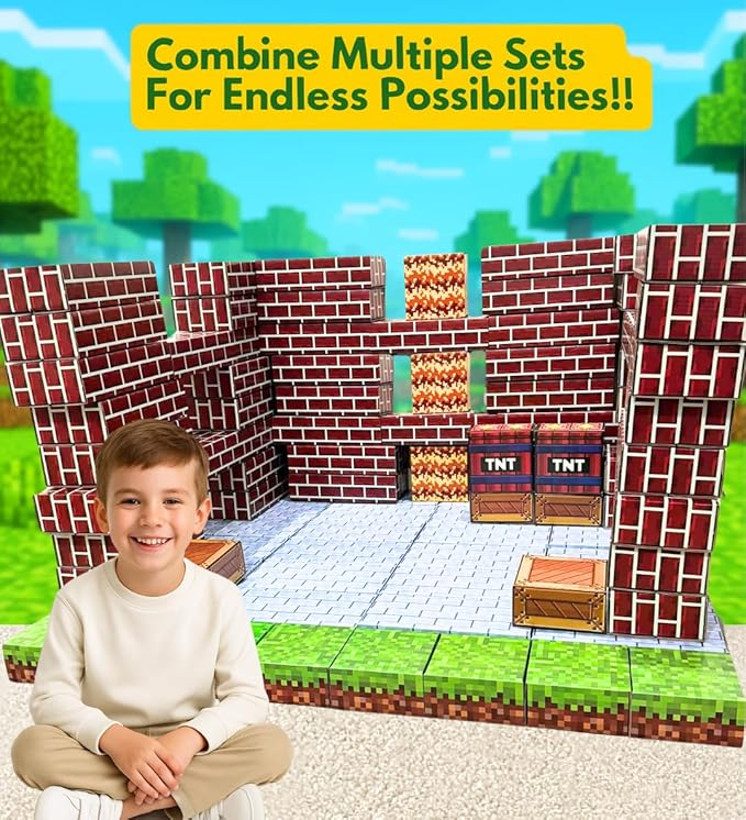 PixelStackers 100 Jumbo Building Blocks for Children Large Cardboard Blocks, Big Blocks Set for Mine Creative Craft Play & Early Learning, Easy to Assemble Big Building Blocks