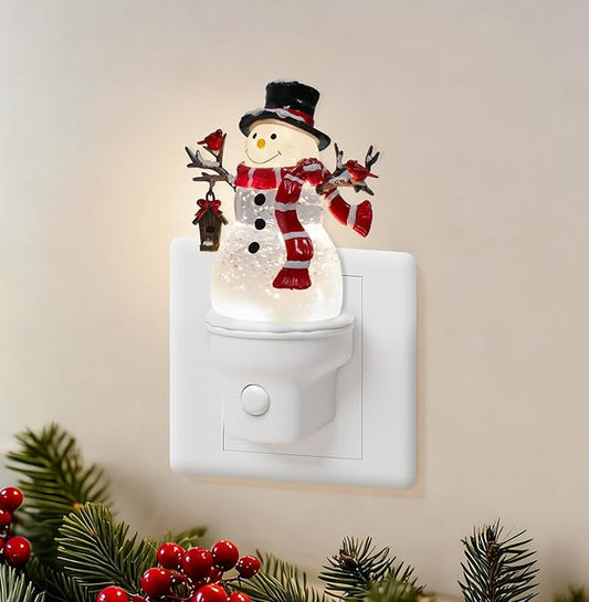 Christmas Snowman Night Light Plug into Wall Glitter Water Nightlight with USB/Outlet Options, Christmas Decorative Nightlight for Bedroom Kitchen Nursery Holiday Decorations Gifts (Snowman)