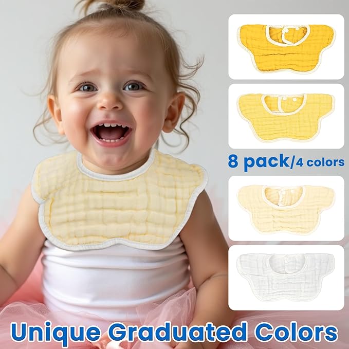 EllieHouse Baby Bibs for Girls Boys 8 Pack Muslin Drool Teeth Drooling Teething Bibs Muslin Cotton for Toddler Infant