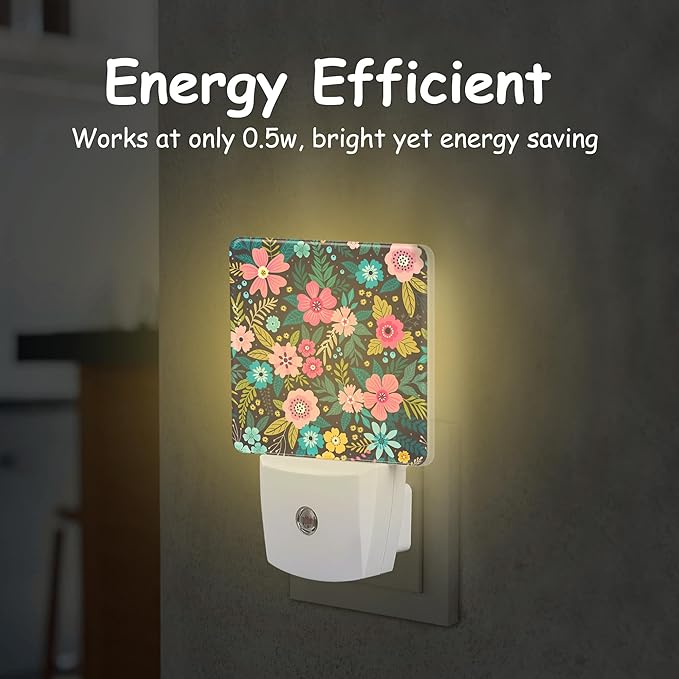 Bright Colorful Flowers and Leaves Night Light Plug Wall,Pink Yellow Blue Flower LED Night Lights with Dusk to Dawn Light Sensor for Women Girls Boys Room Decor,Hallway,Kitchen,Bathroom,Nursery,Stairs