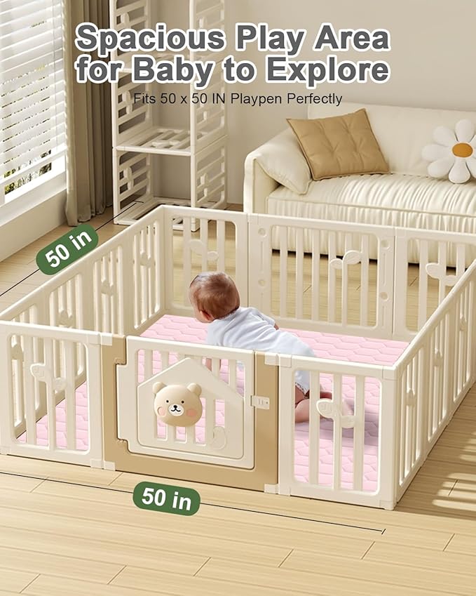 Premium Foam Baby Play Mat 50" x 50" with Removable Cover, Extra Thick Padding Playpen Mat, Non-Slip Floor Mat, Stylish & Easy to Clean for Crawling Baby, Infants & Toddlers, Pink