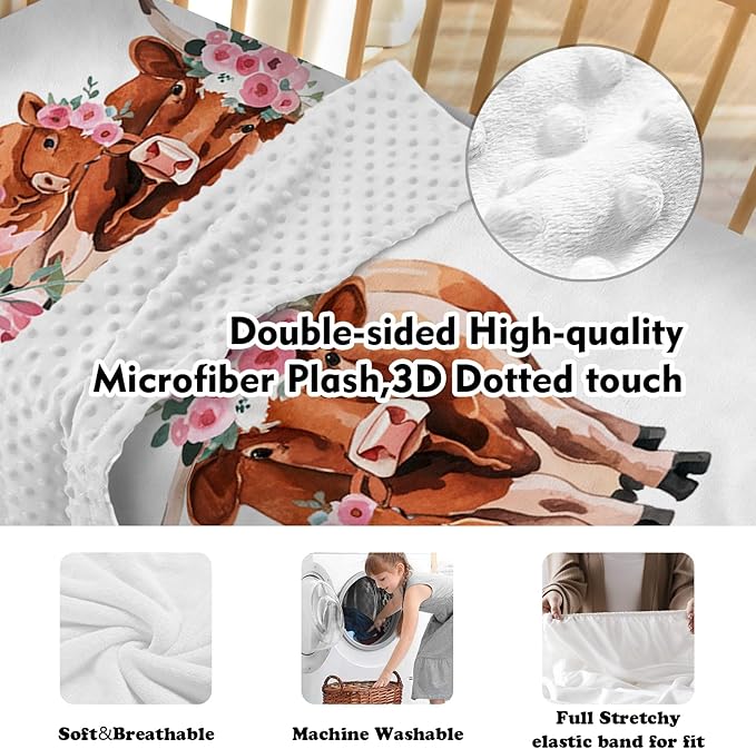 Personalized Nursery Crib Bedding Set: Custom Name Pink Flower 5 Piece Baby Crib Sets with Highland Cow Pattern - Toddler Double Layer Blanket Set, Comfortable Crib Bed Sheets for Baby Grils