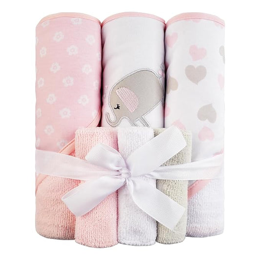 Viviland Baby Towels and Baby Wash Cloths Set Hooded Baby Towels Baby Wipes Absorbent Bath Face Towels Burp Cloths or Face Towels for Girl Boy 6-Pack Size 28 x 28 Inch(Elephant)
