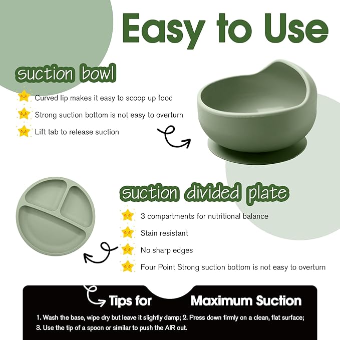 Baby Led Weaning Supplies, 8 Piece BPA-Free Silicone Feeding Set, Silicone Suction Bowl, Forks & Spoons, Bib & Cup, Develops Self Feeding Skills, Dishwasher Safe, for 6+ Months (Green)