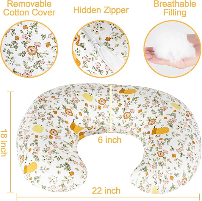 Nursing Pillow, Breastfeeding Pillow with Removable Cotton Cover, Baby Feeding Pillow for Mom Easier Breast Feeding and Bottle Feeding, Breastfeeding Support Cushion for Newborn (Flower Beige)
