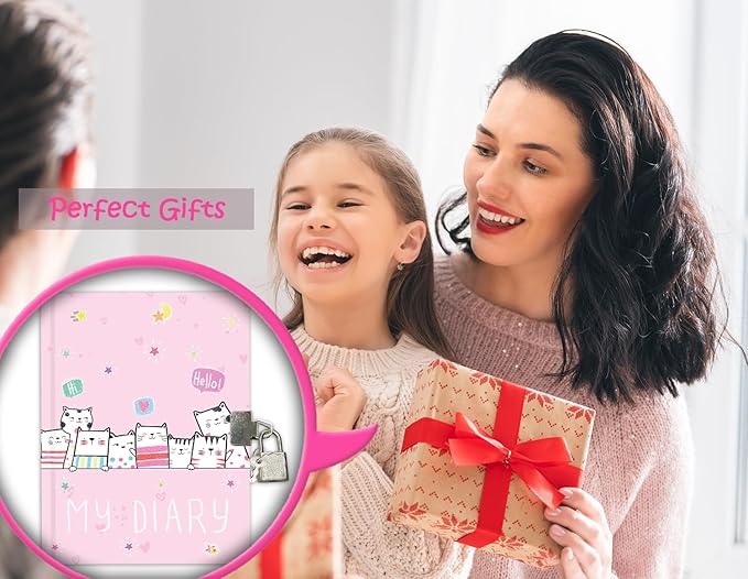 Cat Diary with Lock for Girls, 7x5.25 Inches 160 Lined Pages Secret Kids Diary Cute Cats Journal with Lock and Keys Notebook for Girls Birhtday Gifts for 5-10 Years Old