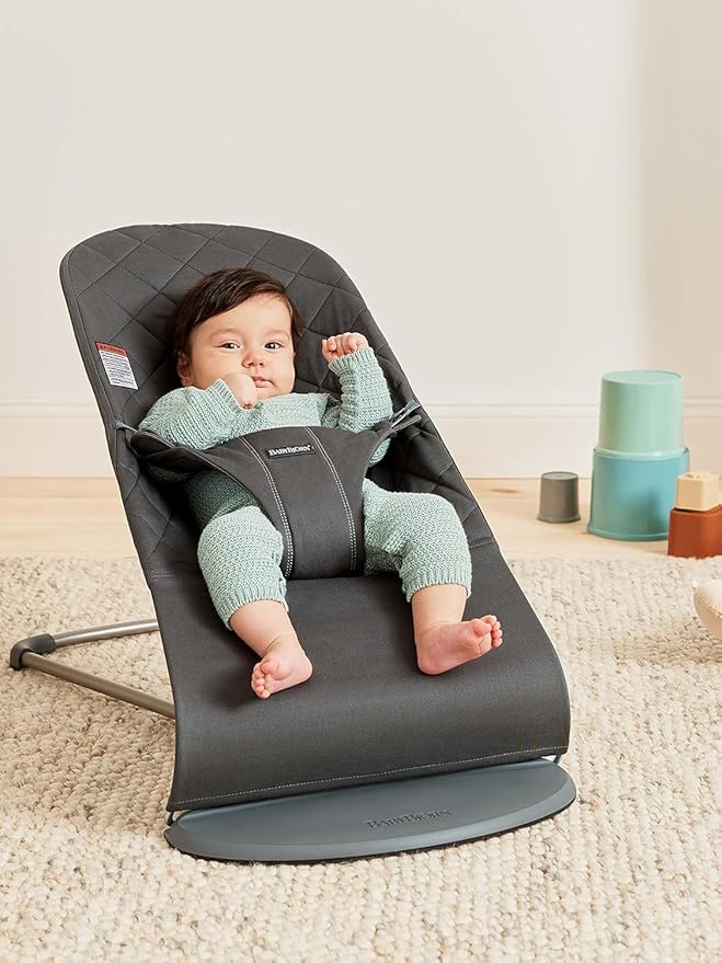BabyBjörn Bouncer Bliss, Anthracite, Woven, Classic Quilt | 2-in-1 Adjustable Baby Bouncer Seat and Toddler Chair, Newborn to Toddler (8-29 lbs), 4 Positions, Lightweight & Portable