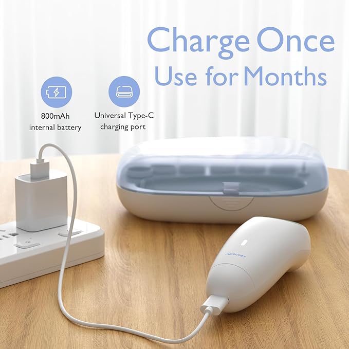 Momcozy Baby Nail File Electric, Rechargeable Baby Nail Clipper, Gentle Baby Nail Trimmer Electric with Night Light, 7 Grinding Head Replacement Pads, Blue