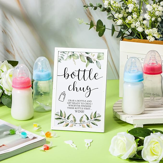 Roowest Bottle Chug Baby Shower Games Sets Including 18 Pcs Feeding Bottles with 1 Bottle Chug Wooden Sign for Gender Reveal Baby Shower Party Supplies(Pink, Blue,Eucalyptus)