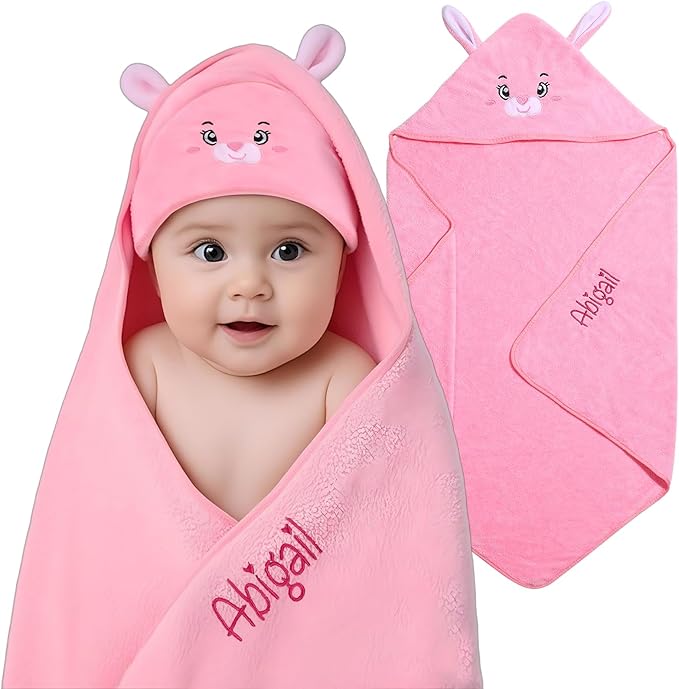 Personalized Baby Towels for Newborn Custom Embroidery Name Hooded Baby Bath Towels for Boy Girl Newborn Essentials Must Haves Shower Gift Soft Coral Velvet 30"x30" (Pink)