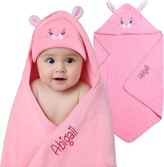 Personalized Baby Towels for Newborn Custom Embroidery Name Hooded Baby Bath Towels for Boy Girl Newborn Essentials Must Haves Shower Gift Soft Coral Velvet 30"x30" (Pink)