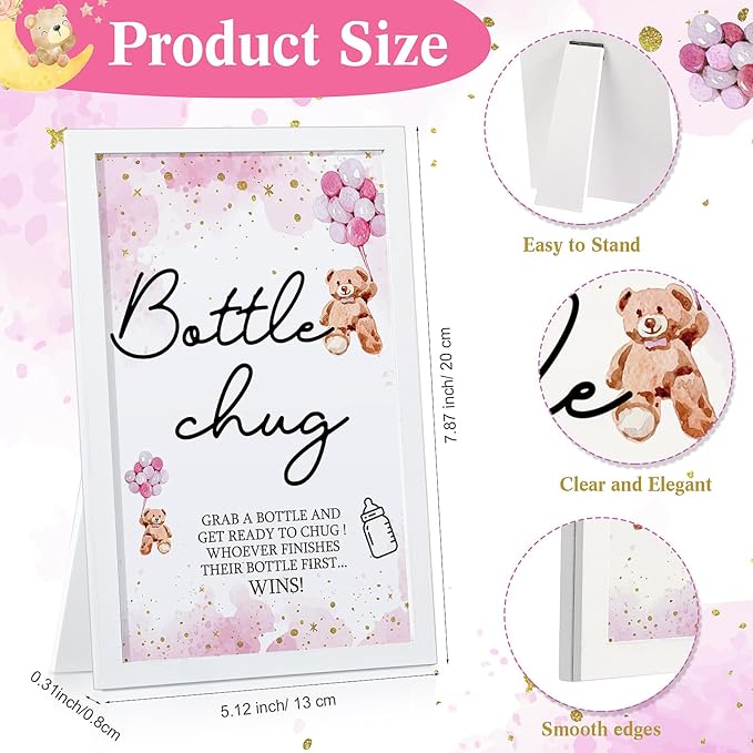 Roowest Bottle Chug Baby Shower Game Favors Including Pink Bear Theme Wooden Sign and 18 Pcs Baby Bottles for Gender Reveal Party Supplies