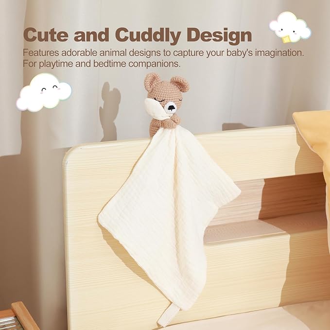 Baby Animal Plush Toy with Rattle, Baby Crochet Teddy Bear Security Blanket, Soothing Toy, Gift for Boys and Girls 12 in