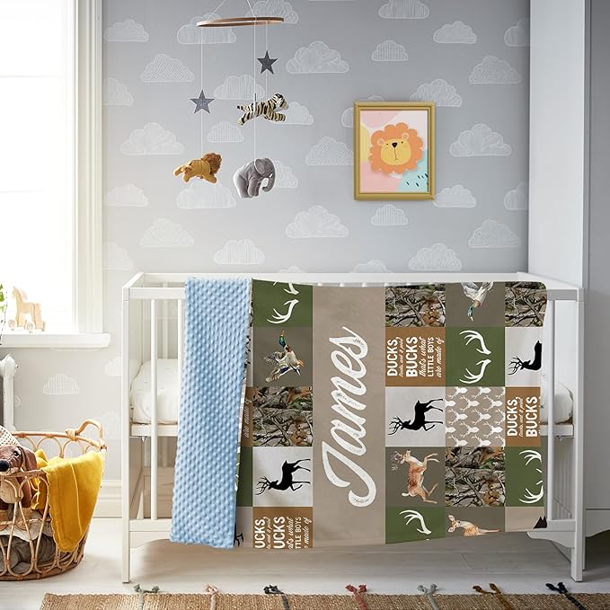 Personalized Baby Blanket for Boys, Custom Baby Blankets with Name, Soft Flannel Double Layer Receiving Swaddle Blanket, Woodland Deer Monogram Birthday Gifts for Toddlers Infants (47"x60")