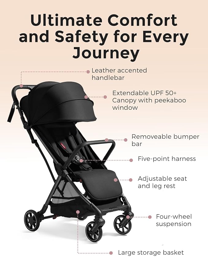 Momcozy ClickGo Lightweight Stroller, Compact Travel Stroller for Airplane with One-Click Fold, Baby Strollers and Toddler Stroller with Large Canopy for Kids from 0 Months, Extendable UPF50+ Canopy