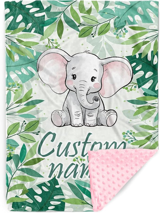 Custom Name Baby Blanket – Plush Flannel with Double-Layer Dotted Backing – Elephant and Green Leaves Theme for Infants and Toddlers