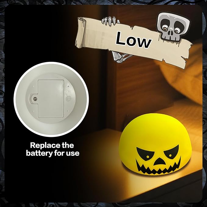 Funny Devil Pumpkin Night Light - Color Changing Half-Sphere Silicone Lamp, Battery Powered, Dimmable Glow for Halloween Christmas Decor, Novelty Gift (Yellow)