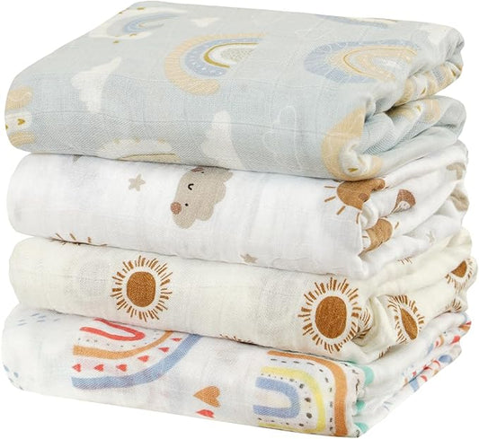 4 Set Muslin Swaddle Blankets for Newborn Baby Boys, Girls,Receiving Blankets-Cute Soft Print Baby Towel Wrap 120x110cm Baby(Rainbow)