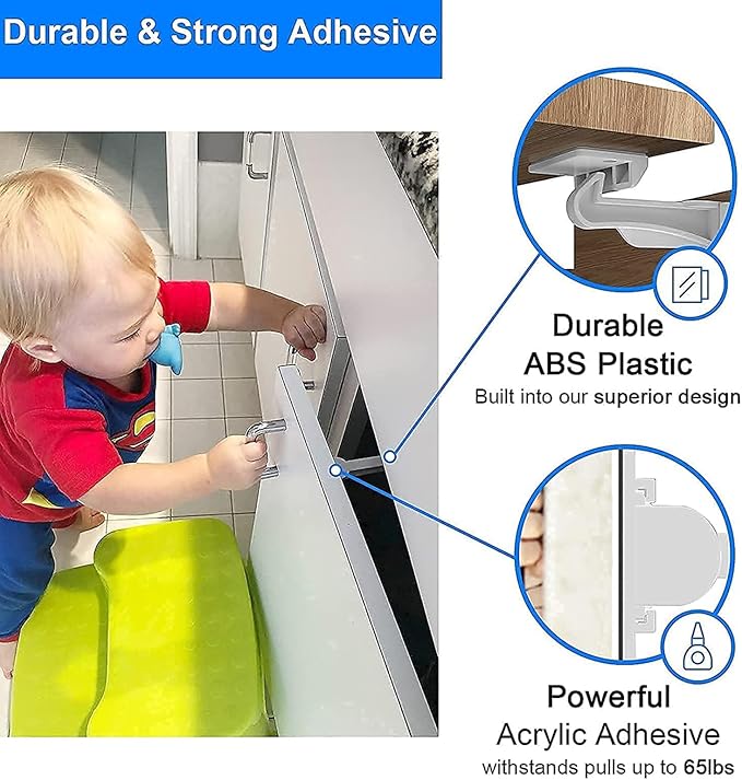 4 Pack Upgraded Invisible Baby Proofing Cabinet Latch Locks – No Drilling or Tools Needed, Fits Most Cabinets & Drawers, Works with Countertop Overhangs, Strong Adhesive for Easy & Secure Installation