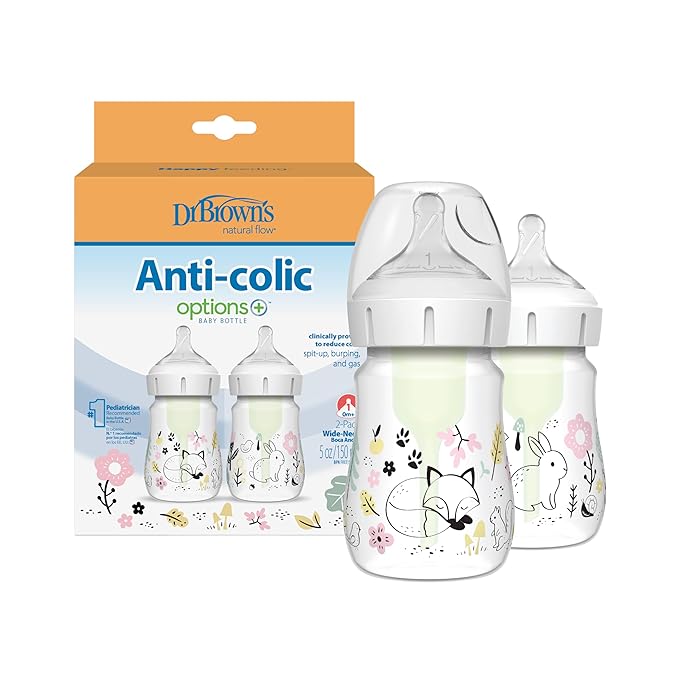 Dr. Brown’s Natural Flow® Anti-Colic Options+™ Wide-Neck Baby Bottle Designer Edition Bottles, Woodland Decos, 5 oz/150 mL, Level 1 Nipple, 2-Pack, 0m+