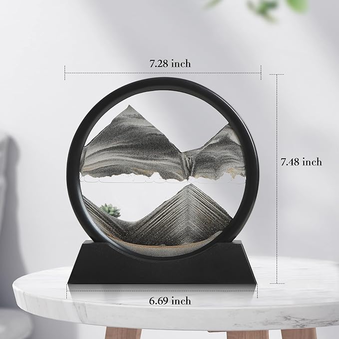 Moving Sand Art Liquid Motion, 3D Deep Sea Sandscape Color Quicksand Decor, Round Glass Moving Sand Art Picture Relaxing Desktop Home Office Work Decor (Black, 7 inch)