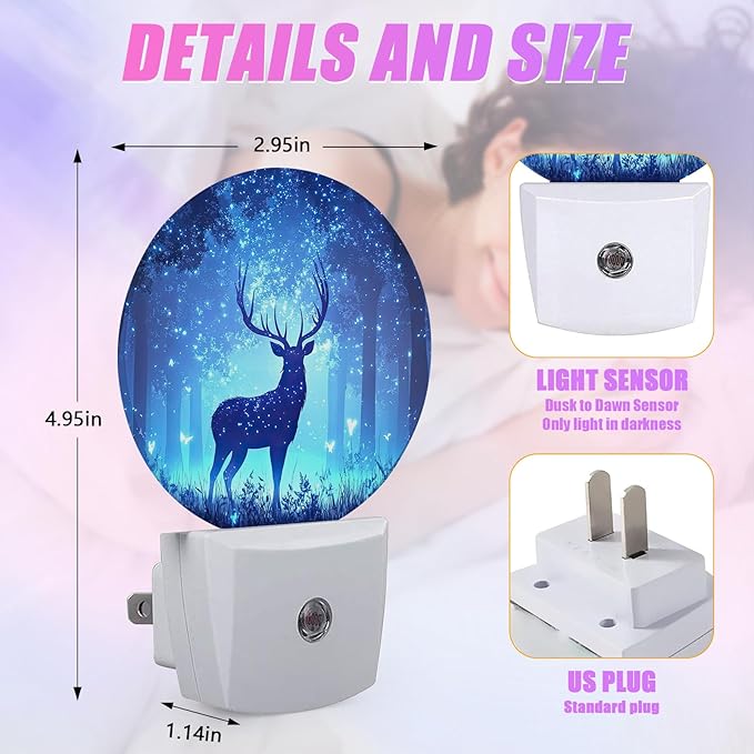 Deer Pine Tree Night Light Foggy Forest Night Lights LED Lamp Round Plug into Wall Nightlight with Dusk to Dawn Sensor Home Hallway Stairway Kitchen Decor