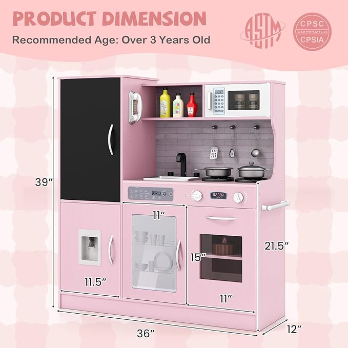 HONEY JOY Upgrade 39 in Kids Kitchen Playset, Large Wooden Little Chef Pretend Toy Kitchen Set w/Chalkboard, Telephone, Utensils, Oven, Microwave, Sink, Storage, Play Kitchen for Toddlers, Pink