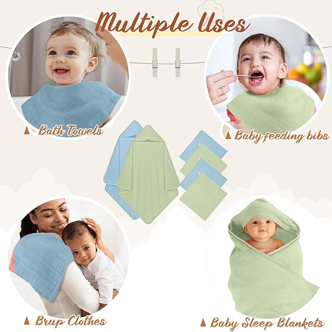 Preboun 6 Pcs Muslin Hooded Baby Towels and Washcloths 32"x 32" Cotton Newborn Bath Towel Anti-Shrink Infant Baby Blankets with Hood 12"x 12" Washcloths for Girl Boy Toddler(Light Blue,Green)