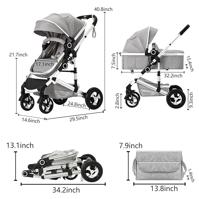 Kinder King 2 in 1 Convertible Baby Stroller, Folding High Landscape Infant Carriage, Newborn Reversible Pram, Adjustable Canopy, Diaper Bag, Anti-Shock Toddler Pushchair Stroller, Light Grey