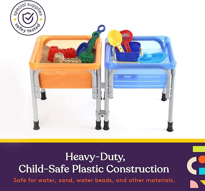 Special Supplies Sensory Activity Table for Kids and Toddlers -with Plastic Buckets and Beach Toys for Interactive Learning - Water, Sand, and STEM Play (Two Buckets - Orange + Blue)