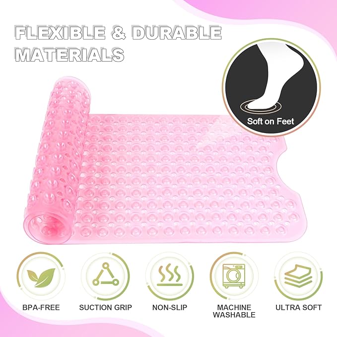 Linoows Bathtub and Shower Mats, 40x16 Inch Extra Large Non Slip Soft Bath Tub Mat with Suction Cups and Drain Holes for Bathroom Floor and Keep Tubs Clean, Machine Washable, Clear Pink
