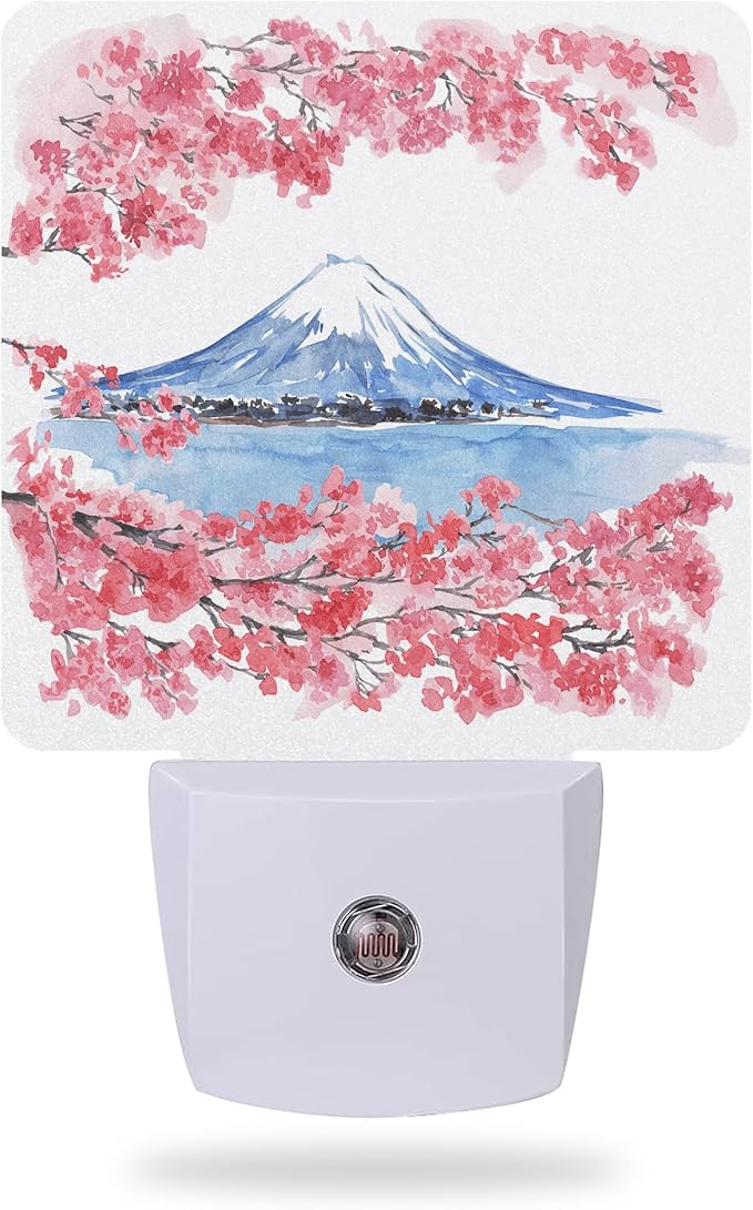 Cherry Blossoms Night Light,Mountain Fuji Plug-in Wall Led Night Lights Decor for Boys Girls Room,Dusk to Dawn Sensor Wall Lamp for Stairway/Hallway/Kitchen,0.5W