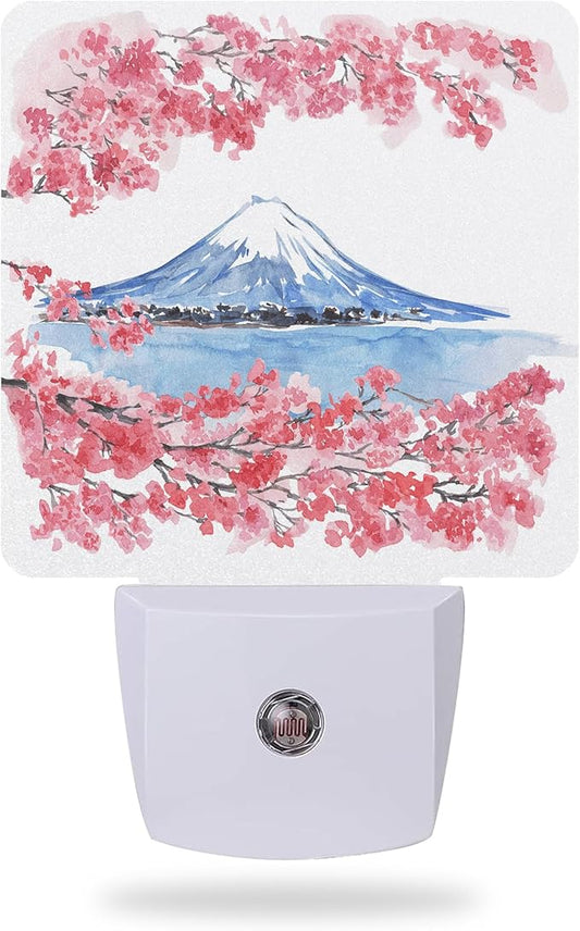 Cherry Blossoms Night Light,Mountain Fuji Plug-in Wall Led Night Lights Decor for Boys Girls Room,Dusk to Dawn Sensor Wall Lamp for Stairway/Hallway/Kitchen,0.5W